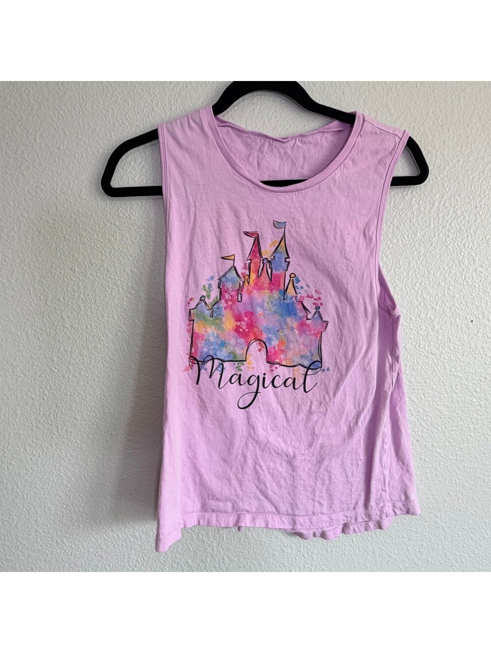 Magical Watercolor Castle Graphic Muscle Tank Top Lavendar Pink High Low Hem